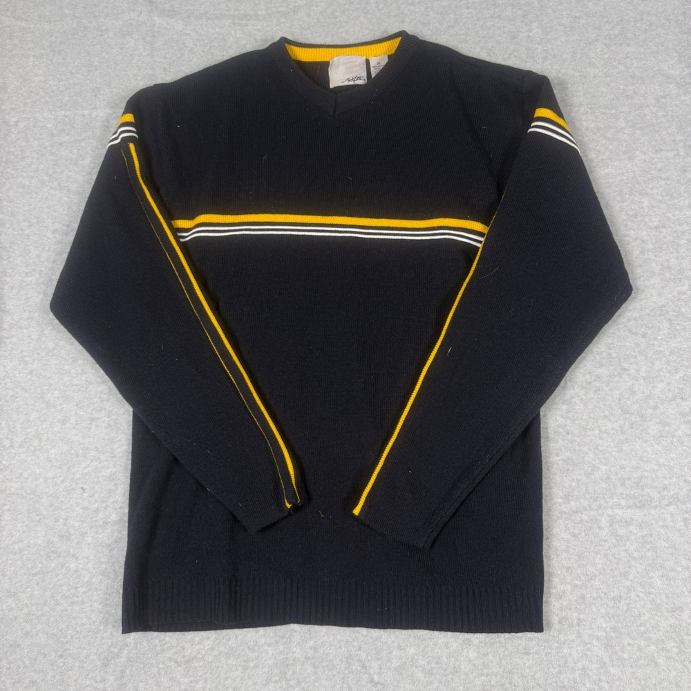 Point Zero Sweater Navy Blue Striped V-Neck Acrylic Knit Skater Y2K Mens XL